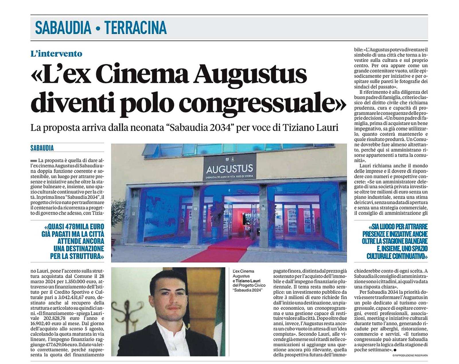 Pagina di Latina Oggi dedicata alla proposta di Sabaudia 2034 per l’ex cinema Augustus