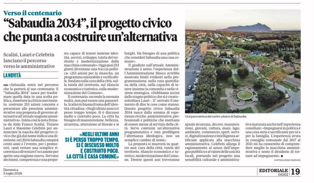 Articolo di Latina Oggi dedicato alla nascita di Sabaudia 2034