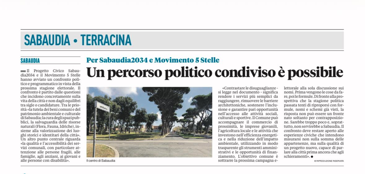 Articolo di Latina Editoriale Oggi sul confronto tra Sabaudia 2034 e Movimento 5 Stelle